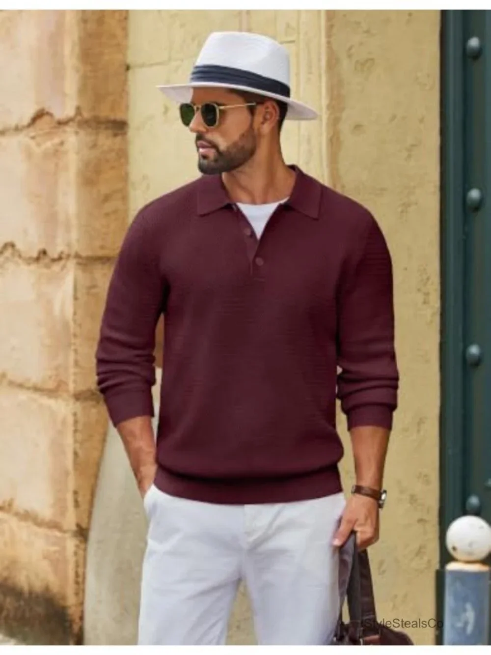 Men's Cable Knit Polo Sweater Long Sleeve Button V-Neck Pullover Soft Stretch